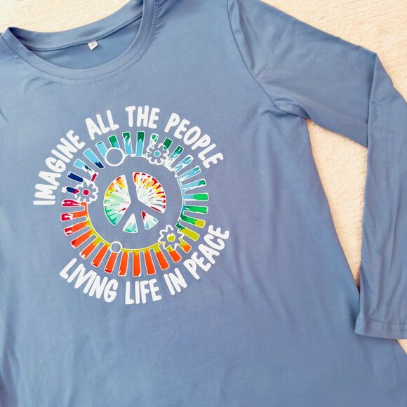 Imagine Peace Long Sleeve Top Size L Teal Blue Retro Musiccore Retro Style - Picture 12 of 13
